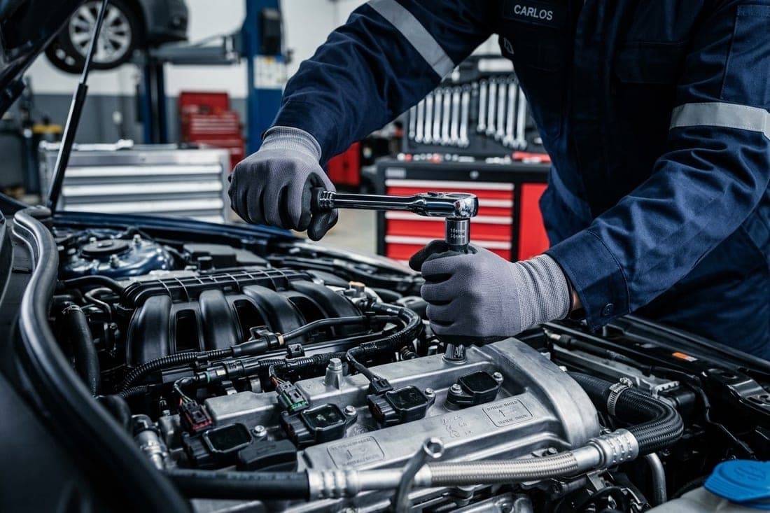 Mecânico apertando um parafuso no motor de um carro com chave de torque